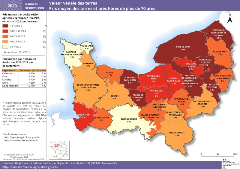 Carte représentant le prix moyen des terres et prés libres de plus de 70 ares en 2023