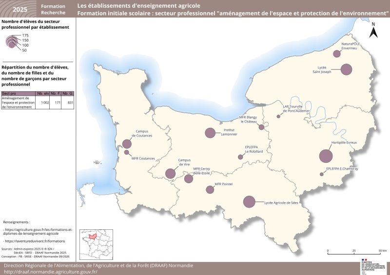 Carte repr&eacute;sentant le nombre d'&eacute;l&egrave;ves par &eacute;tablissement - secteur am&eacute;nagement de l'espace et protection de l'environnement
