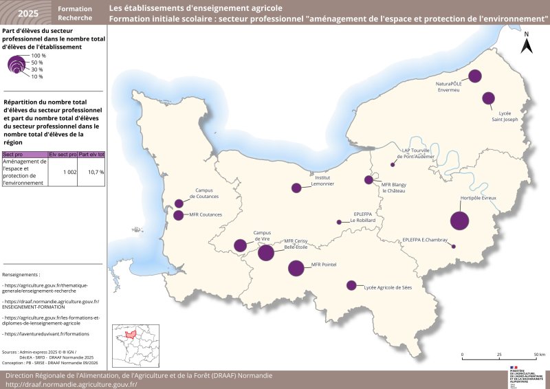 Carte repr&eacute;sentant la part d'&eacute;l&egrave;ves du secteur am&eacute;nagement de l'espace et protection de l'environnement dans le nombre total d'&eacute;l&egrave;ves de l'&eacute;tablissement