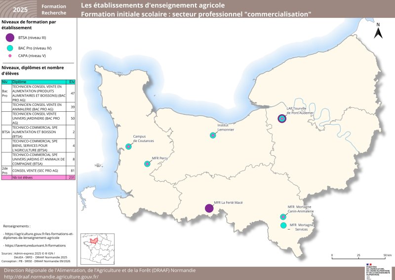 Carte repr&eacute;sentant les niveaux de formation par &eacute;tablissement - secteur commercialisation