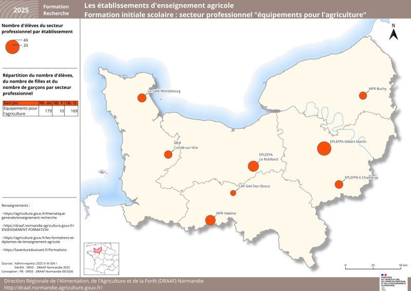 Carte repr&eacute;sentant le nombre d'&eacute;l&egrave;ves par &eacute;tablissement - secteur &eacute;quipements pour l'agriculture