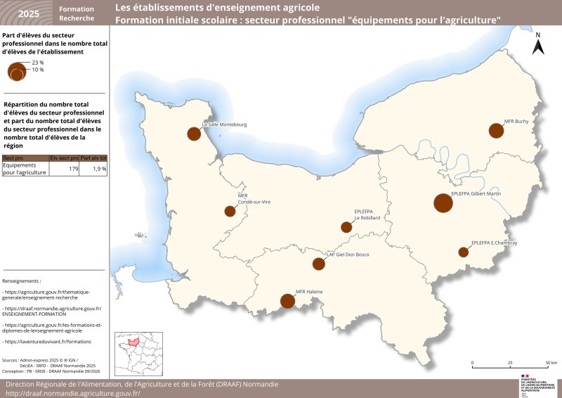 Carte repr&eacute;sentant la part d'&eacute;l&egrave;ves du secteur &eacute;quipements pour l'agriculture dans le nombre total d'&eacute;l&egrave;ves de l'&eacute;tablissement