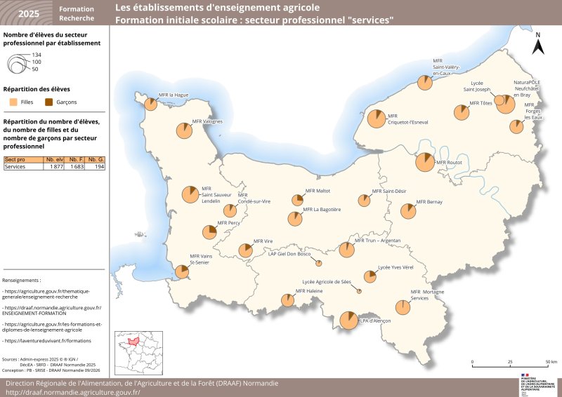 Carte repr&eacute;sentant la r&eacute;partition du nombre de filles et de gar&ccedil;ons par &eacute;tablissement - secteur services