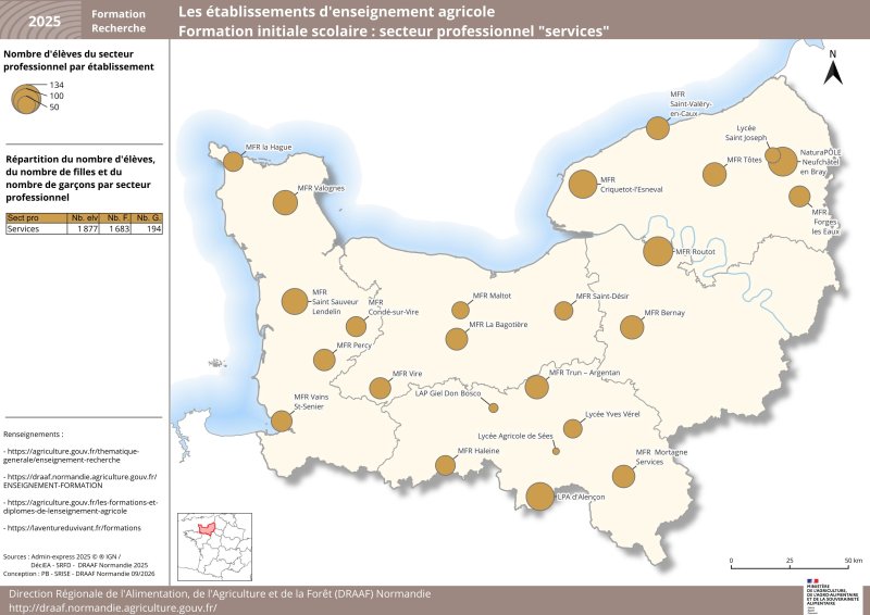 Carte repr&eacute;sentant le nombre d'&eacute;l&egrave;ves par &eacute;tablissement - secteur services