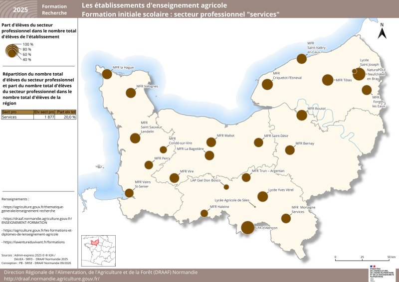 Carte repr&eacute;sentant la part d'&eacute;l&egrave;ves du secteur services dans le nombre total d'&eacute;l&egrave;ves de l'&eacute;tablissement