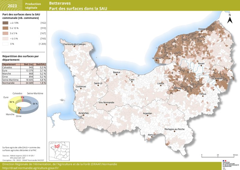 La surface régionale des betteraves en 2023 (près de 35 000 hectares au total) se situe principalement dans l'est de la région normande : 54 % en Seine-Maritime et 39 % dans l'Eure. On ne dénombre que respectivement 3 % des surfaces régionales de betteraves dans chacun des trois autres départements normands. Le jeu de données associé à cette carte est disponible en téléchargement sous la carte. 