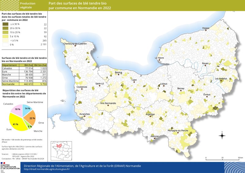 Carte représentant la part des surfaces de blé tendre bio par commune en Normandie en 2022