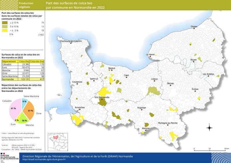 Carte représentant la part des surfaces de colza bio par commune en Normandie en 2022