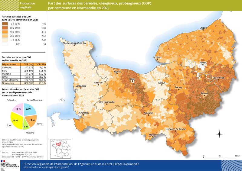 carte représentant la part des surfaces des COP par commune en Normandie en 2021