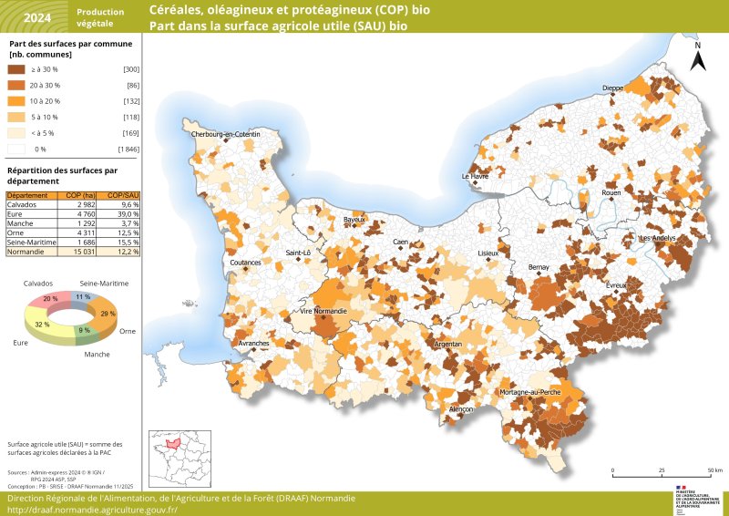 Carte représentant la part de la surface agricole utile (SAU) en céréales, oléagineux et protéagineux bio par commune en Normandie en 2024