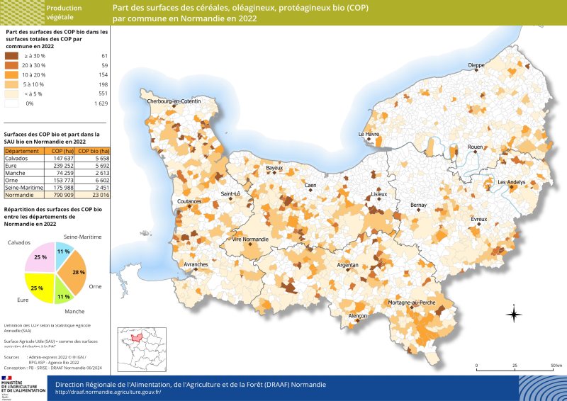 Carte représentant la part des surfaces de céréales, oléagineux, protéagineux bio (COP) par commune en Normandie en 2022