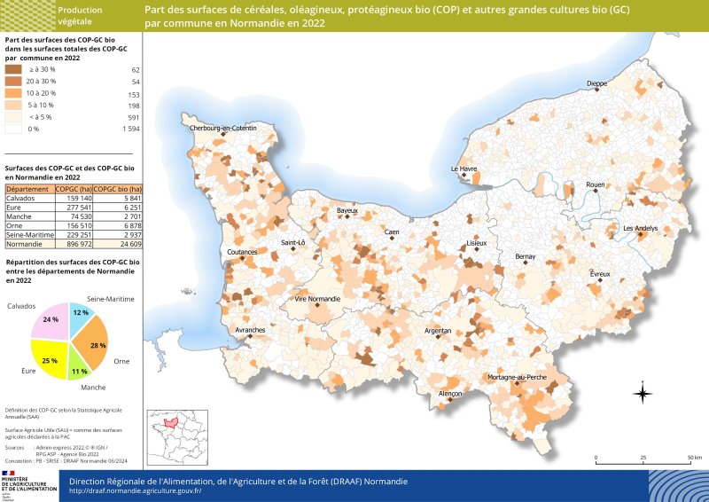 Carte représentant la part des surfaces de céréales, oléagineux, protéagineux bio (COP) et autres grandes cultures bio (GC) par commune en Normandie en 2022