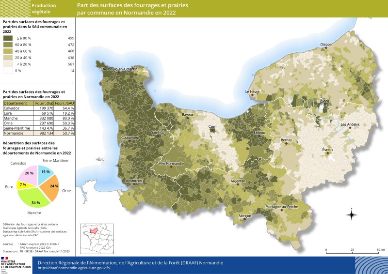 carte représentant la part des surfaces des fourrages et prairies par commune en Normandie en 2022