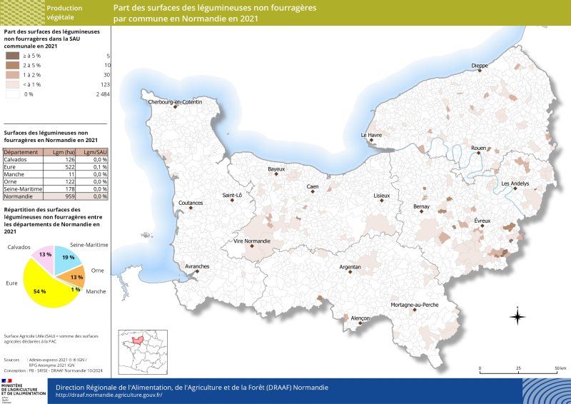 Carte représentant la part des surfaces des légumineuses non fourragères par commune en Normandie en 2021 