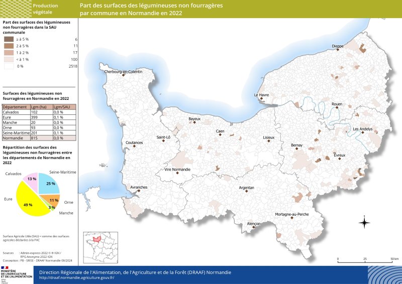 Carte représentant la part des surfaces des légumineuses non fourragères par commune en Normandie en 2022