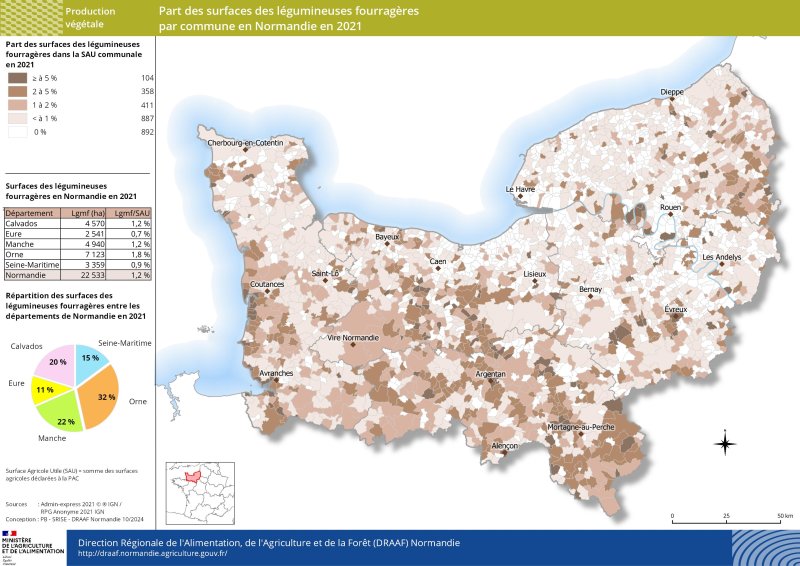 Carte représentant la part des surfaces des légumineuses fourragères par commune en Normandie en 2021