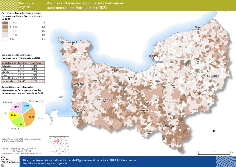 Carte représentant la part des surfaces des légumineuses fourragères par commune en Normandie en 2022