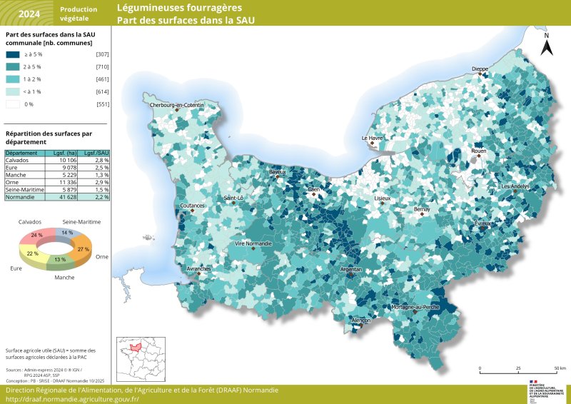 Carte représentant la part des surfaces de légumineuses fourragères par commune en Normandie en 2024