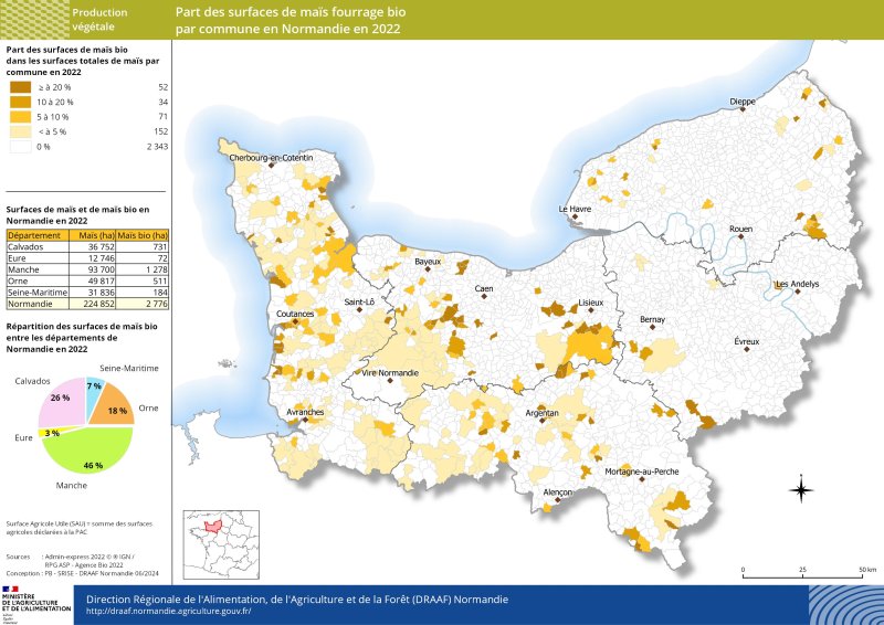 Carte représentant la part des surfaces de maïs fourrage bio par commune en Normandie en 2022