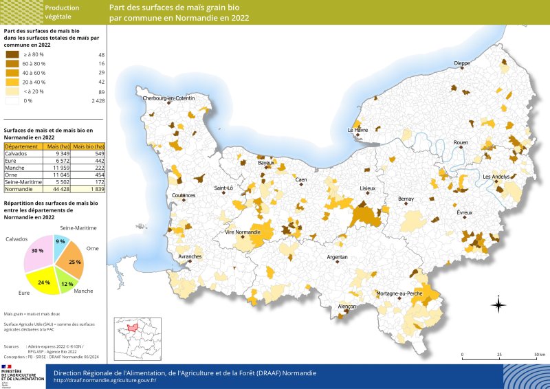 Carte représentant la part des surfaces de maïs grain bio par commune en Normandie en 2022