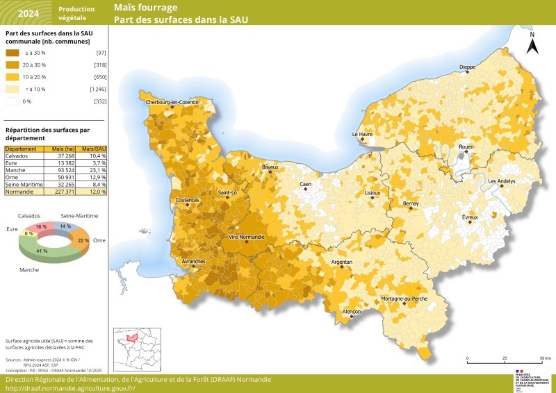 Carte representant la part des surfaces de maïs fourrage par commune en Normandie en 2024