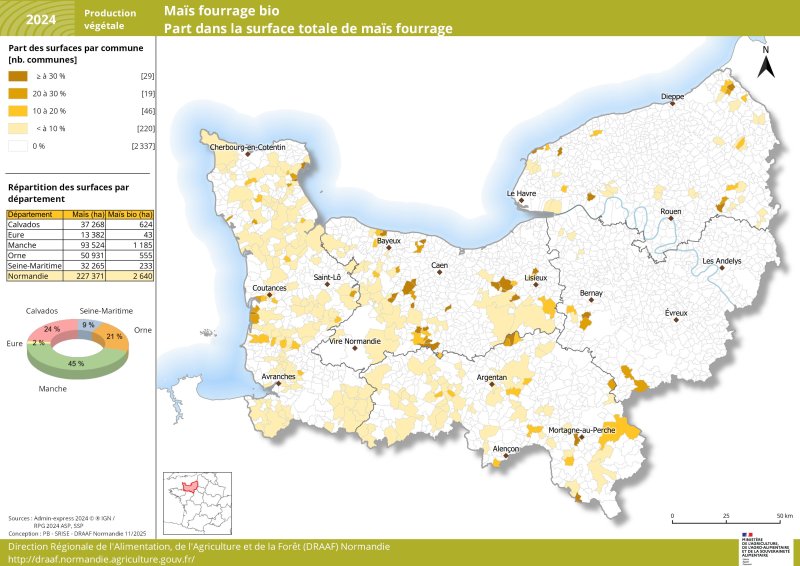 Carte représentant la part des surfaces de maïs fourrage bio par commune en Normandie en 2024