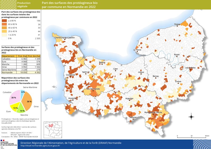 Carte représentant la part des surfaces des protéagineux bio par commune en Normandie en 2022