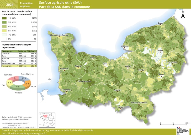 Carte representant la part de la SAU par commune en Normandie en 2024