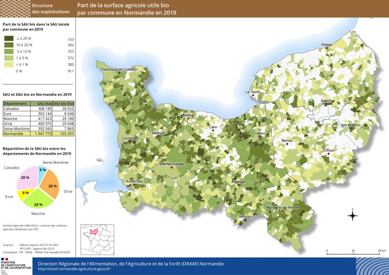 Carte représentant la Part de la surface agricole utile bio dans la surface agricole utile totale par commune en Normandie en 2019