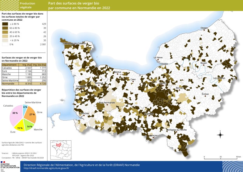 Carte représentant la part des surfaces de verger bio par commune en Normandie en 2022