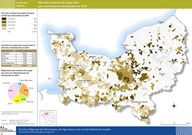 Carte représentant la part des surfaces de verger bio dans la SAU bio communale en Normandie en 2019