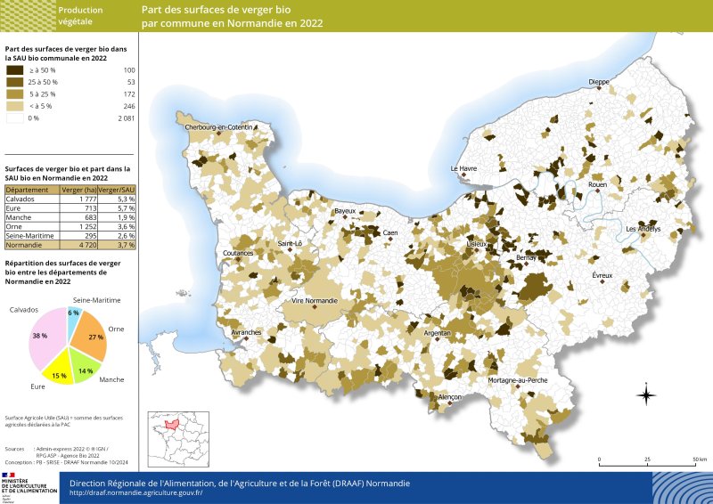 Plus de 4 700 ha de verger normand sont cultivés en agriculture biologique en 2022. Ils sont présents surtout dans les départements du Calvados (38%) et dans l'Orne (27%). Au niveau régional, la part des surfaces en verger bio dans la SAU bio communale représente moins de 4 %. Celle-ci est un peu plus importante dans le département de l'Eure et du Calvados.