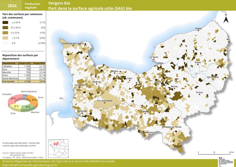 Carte représentant la part de la surface agricole utile (SAU) en vergers bio par commune en Normandie en 2024