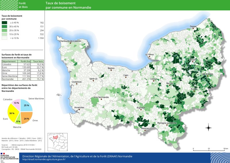 carte représentant le taux de boisement par commune en Normandie