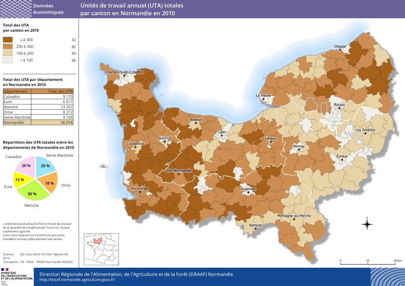 carte représentant les unités de travail annuels (UTA) totales par canton en Normandie en 2010