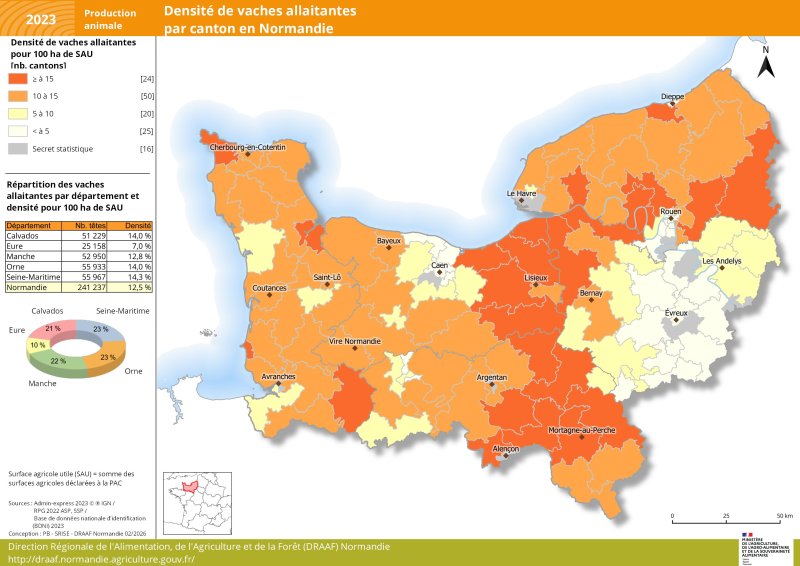 Carte repr&eacute;entant la densit&eacute; de vaches allaitantes par canton en Normandie en 2023