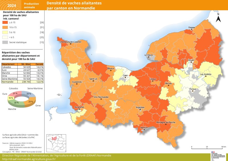 Carte repr&eacute;sentant la densit&eacute; de vaches allaitantes par canton en Normandie en 2024