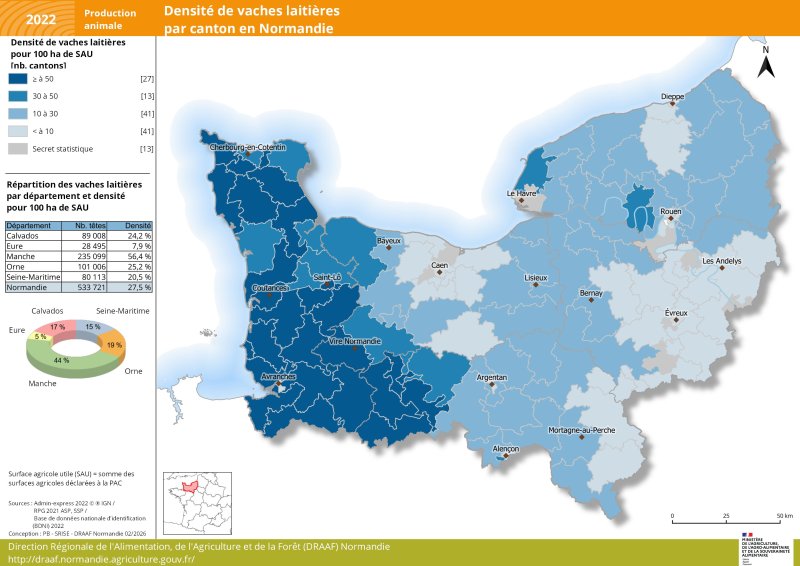 Carte repr&eacute;sentant la densit&eacute; de vaches laiti&egrave;res par canton en Normandie en 2022