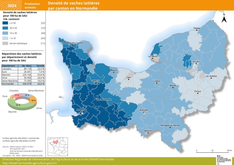 Carte repr&eacute;sentant la densit&eacute; de vaches laiti&egrave;res par canton en Normandie en 2024
