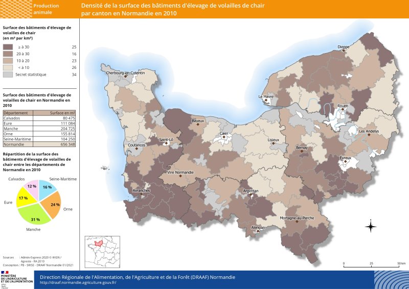 carte représentant la densité de la surface des bâtiments d'élevage de volailles de chair par canton en Normandie en 2010