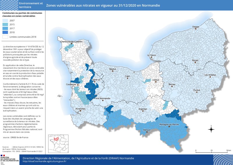 carte représentant les zones vulnérables aux nitrates en vigueur au 31/12/2020 en Normandie